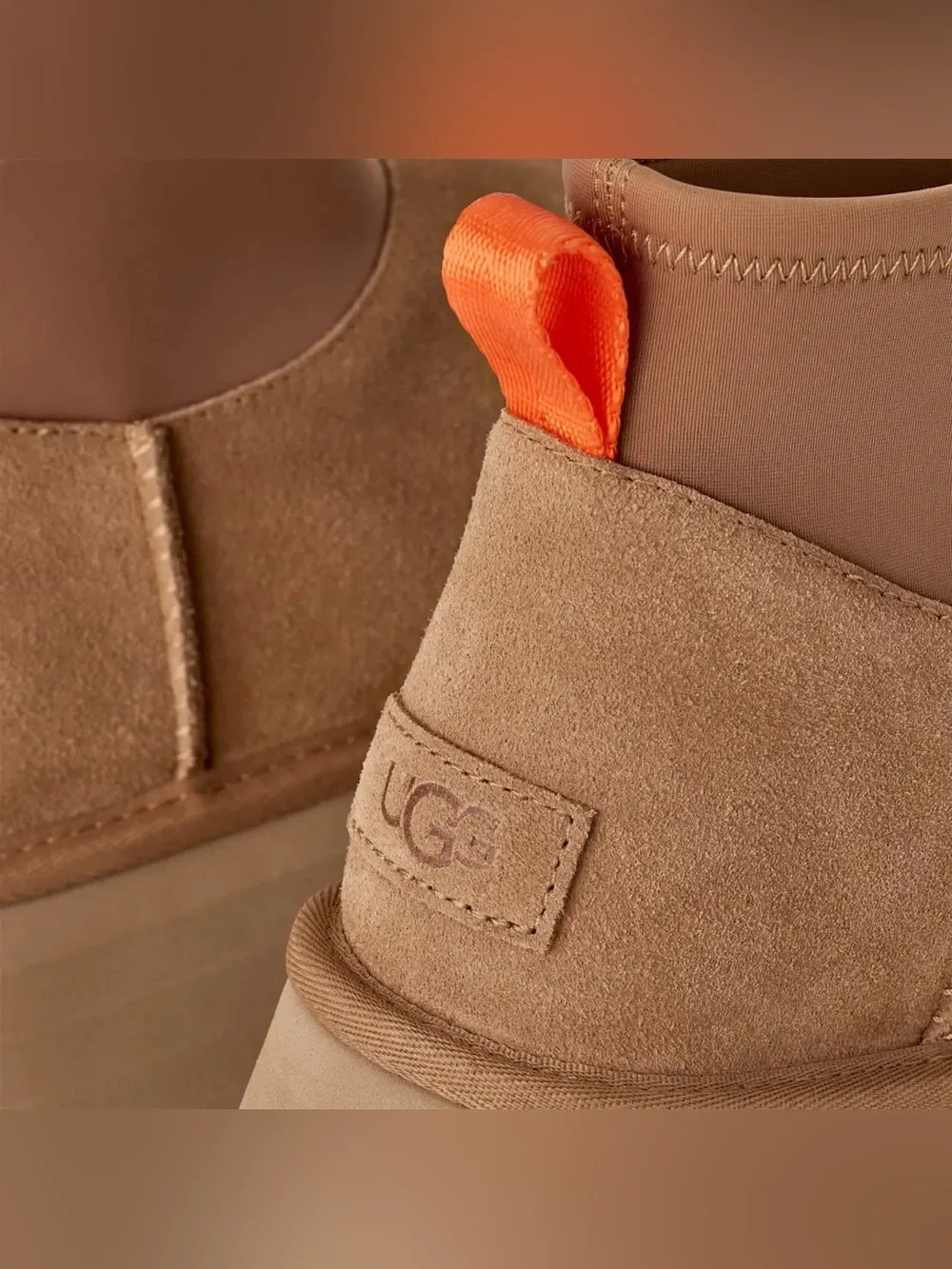 UGG Women's Tan Suede Platform Ankle Boots with Orange Pull Tab - Picture 2 of 8